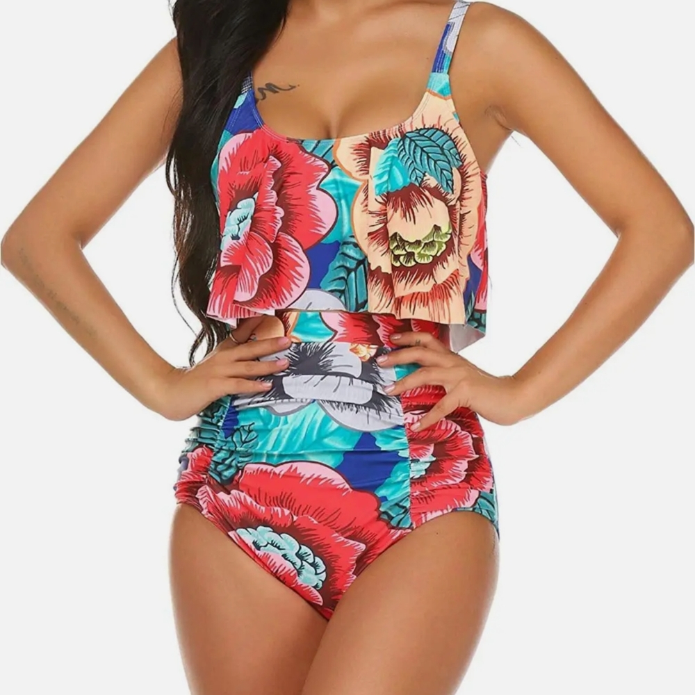 Two piece bathing suit bright floral